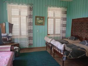 a bedroom with two beds and green walls and windows at Cabernet Tali in Telavi