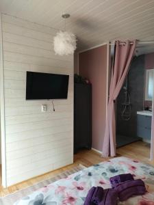 1 dormitorio con TV de pantalla plana en la pared en OFILDLEAU, en Sillans-la Cascade
