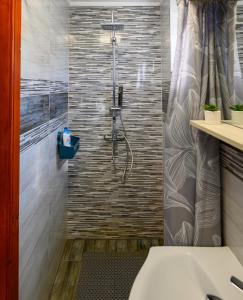 bagno con doccia e parete piastrellata di Dorka Vendégház a Gyomaendrőd