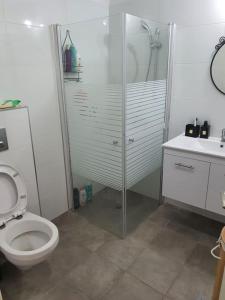 a bathroom with a shower and a toilet and a sink at הדירה של עדן in Tel Aviv
