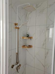 een badkamer met een douche en marmeren tegels bij Ampang Hilir Lake View - Suite Unit and Rooms in Kuala Lumpur