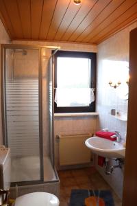 a bathroom with a shower and a toilet and a sink at Cafe-Restaurant Vedder in Herscheid