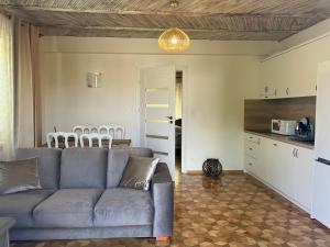 a living room with a couch and a kitchen at Apartamenty Arkadia przy Amfiteatrze in Mrągowo