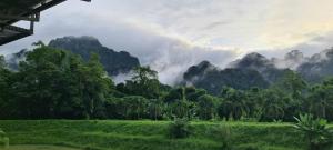 Phu Siab Mhok@KhaoSok في خاو سوك: ميدان فيه اشجار وجبال في الخلف