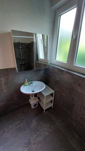 ein Bad mit einem Waschbecken und einem Spiegel in der Unterkunft Apartman SABADIN in Njivice