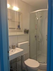 a bathroom with a shower and a toilet and a sink at Sea Margarita Apartment in Pag +29 photos