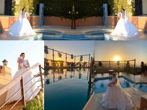 a bride in a wedding dress standing next to a swimming pool at Sultana Farm and Villa in Bayyūḑah