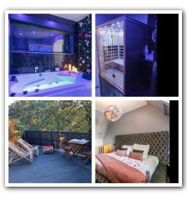 un collage de photos d'une chambre avec baignoire dans l'établissement Sauna, jacuzzi, terrasse et parking, à Rouen