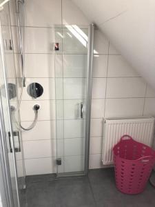 a bathroom with a shower and a pink basket at WeinMotel Simon 1 a in Alzenau in Unterfranken