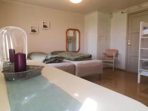a room with two beds and a bathtub in a room at Frogner Hovedgård in Skien