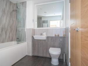 a bathroom with a toilet and a sink and a mirror at Cosy Modern Flat Pass The Keys in Edinburgh