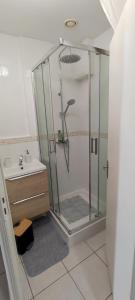 La salle de bains est pourvue d'une douche et d'un lavabo. dans l'établissement Studio, TopdestinationBretagne, à Montoir-de-Bretagne