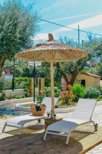 two chairs and an umbrella next to a pool at Oliva Holiday Homes in Dhiyeliótika