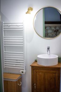 ein Bad mit einem Waschbecken und einem Spiegel in der Unterkunft Les Chemins de Berdis in Montfort-en-Chalosse