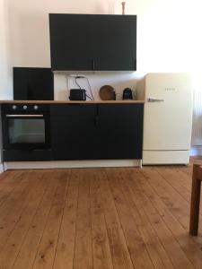 una cucina con fornelli e frigorifero di Gemütliche Ferienwohnung an der Elbe a Bleckede