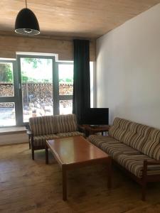a living room with two couches and a coffee table at Gemütliche Ferienwohnung an der Elbe in Bleckede