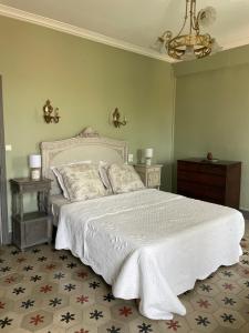 1 dormitorio con 1 cama grande y edredón blanco en Le Chai de Marguerite, en Peyriac-Minervois