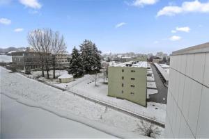 uma vista para uma cidade coberta de neve com um edifício em Logement cosy avec parking couvert gratuit em Fribourg