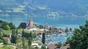 a town on the shore of a lake with boats at Swiss Holiday Apartments in Spiez