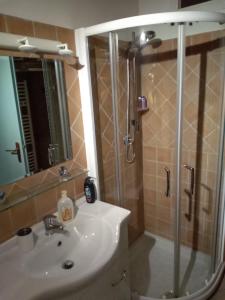 La salle de bains est pourvue d'un lavabo et d'une douche avec une porte en verre. dans l'établissement Vico Vacanze, à Ronciglione