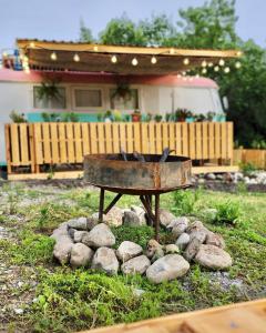 a fire pit with birds sitting on top of rocks at Pavlove Tiny Bus House in Qabala in Gabala
