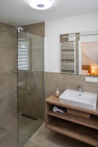 a bathroom with a sink and a shower at mivida - Apartment Geierkogel in Hohentauern