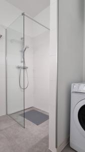 a shower with a glass door next to a washing machine at Seabreeze Luxury Apartments in Njivice