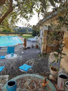 un patio trasero con una piscina con sillas y una mesa en Oestuaire, en Gauriac