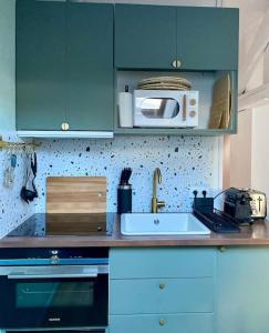 La cuisine est équipée de placards bleus, d'un évier et d'un four micro-ondes. dans l'établissement À 50m du centre & des télécabines, nid douillet, à Cauterets