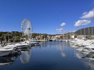 un port de plaisance avec des bateaux et une roue ferris en arrière-plan dans l'établissement Appartement Cavalaire-sur-Mer, 1 pièce, 4 personnes - FR-1-226B-116, à Cavalaire-sur-Mer