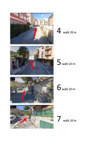 a collage of four pictures of a street with a red arrow at Costamare in Monterosso al Mare