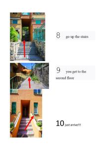 een collage van drie foto's van trappen met een rode pijl bij Costamare in Monterosso al Mare