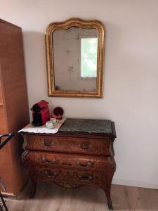 - une commode en bois avec un miroir sur un mur dans l'établissement Il melograno, à Vittorio Veneto