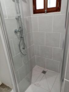 een badkamer met een douche en een glazen deur bij Maison atypique corse in Bastia