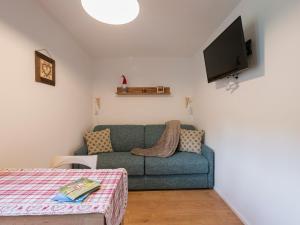 a living room with a blue couch and a flat screen tv at New flat in Bormio - Centrale 69 in Piatta