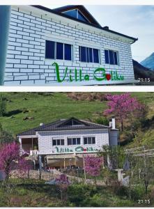 Peshtan的住宿－Villa Goliku，两幅房子的照片,上面写着别墅的石灰