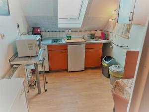 a small kitchen with a sink and a refrigerator at Ferienwohnung am Schweriner See in Retgendorf