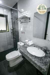 a bathroom with a sink and a toilet and a mirror at TVpalm Ecolodge in Ha Giang