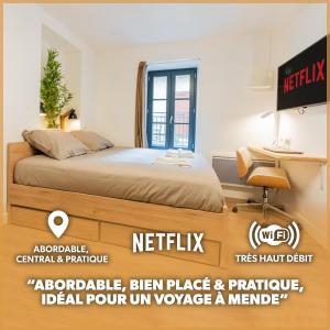 a poster of a bedroom with a bed and a desk at Le Cocon - Netflix/Wifi Fibre - Séjour Lozère in Mende