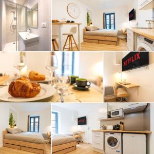 a collage of photos of a living room and a kitchen at Le Cocon - Netflix/Wifi Fibre - Séjour Lozère in Mende