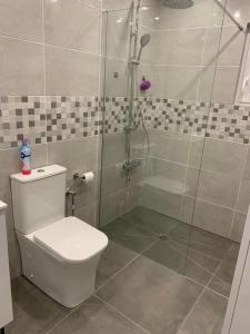 a bathroom with a shower and a toilet and a glass shower stall at Casa Cadi in Orihuela Costa +10 photos