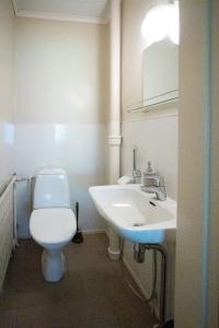 een badkamer met een wit toilet en een wastafel bij Villa Signell Förby in Särkisalo