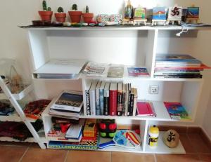 a book shelf filled with books and other items at Villa Soluna in Cantoria