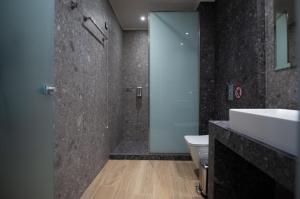 bagno con doccia, lavandino e servizi igienici di The Victoria Lefkada a Città di Lefkada