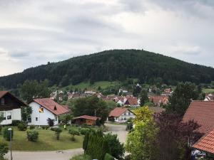 un village avec une montagne en arrière-plan dans l'établissement Dorfglück Oberdigisheim, à Meßstetten