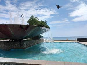 Sweet Sea View في سافونا: طير يطير فوق نافورة في مسبح