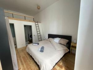 een slaapkamer met een bed met een boek erop bij Superbe appartement lumineux in Guéret