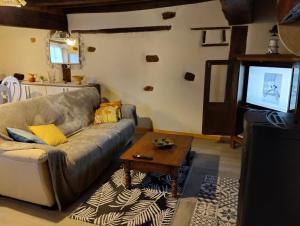 a living room with a couch and a table and a tv at auxhirondelles in Pouilly-sous-Charlieu