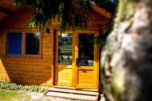 Cabaña de madera con puerta y ventana amarillas en Domek Kamieński en Międzywodzie