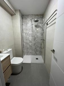 une salle de bain avec une douche, des toilettes et un lavabo dans l'établissement Hostal Acemar, à Marbella